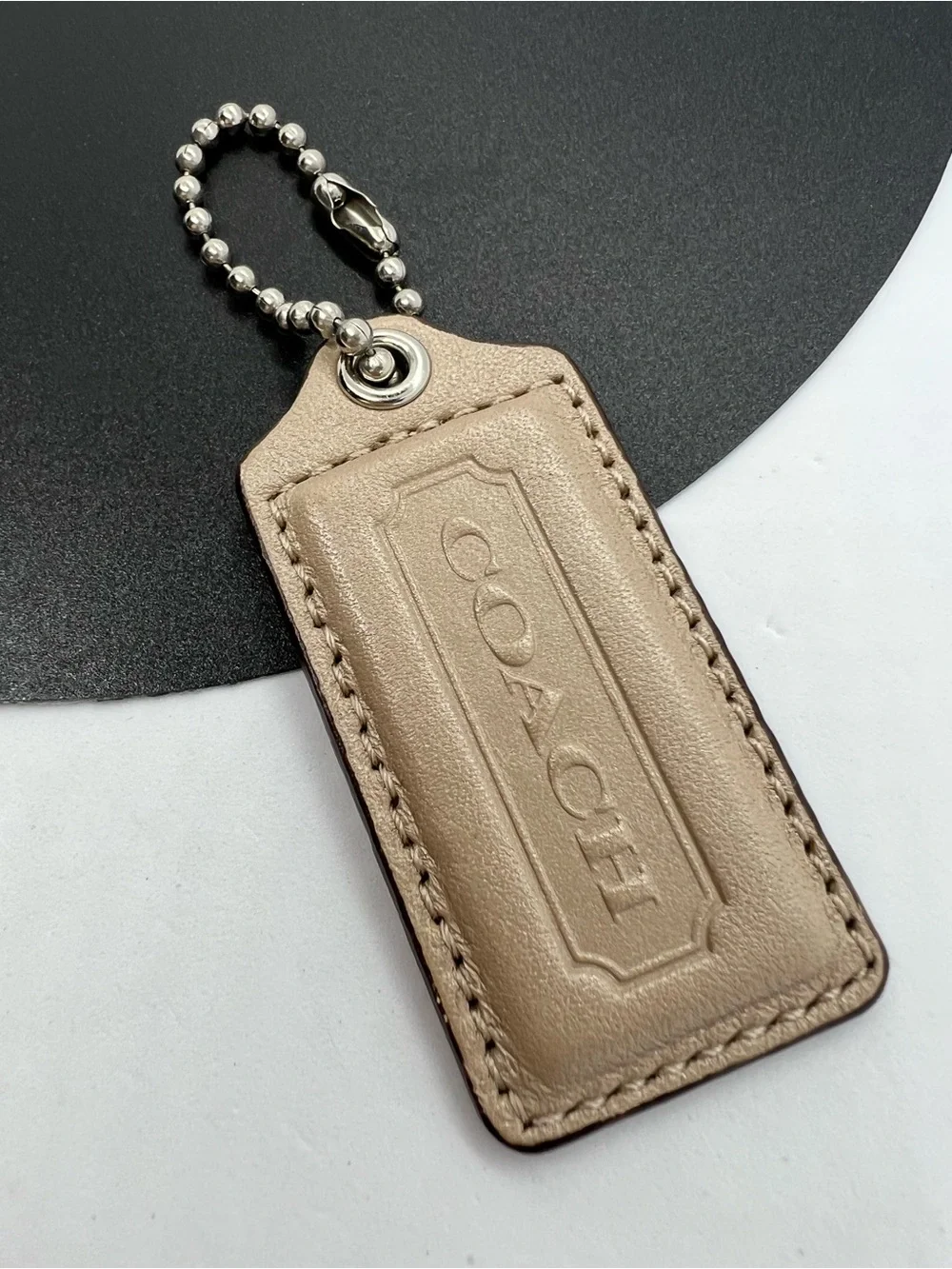 Coach Leather Hangtag Keychain Beige Tan Bag Charm Fob Logo Authentic EUC